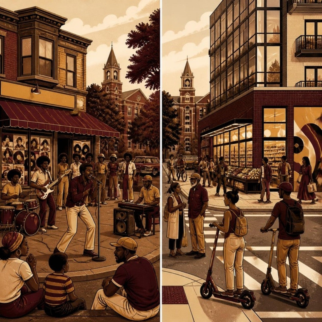 Illustration of a DC avenue corner then and now