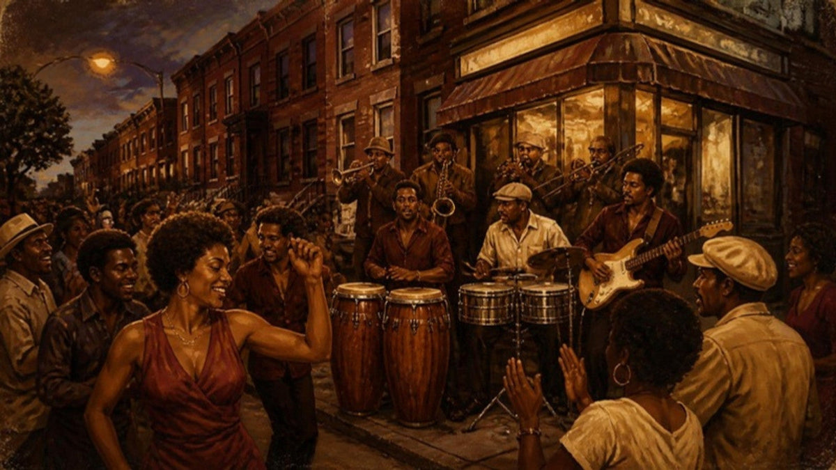 Illustration of a go-go band playing on a DC street corner