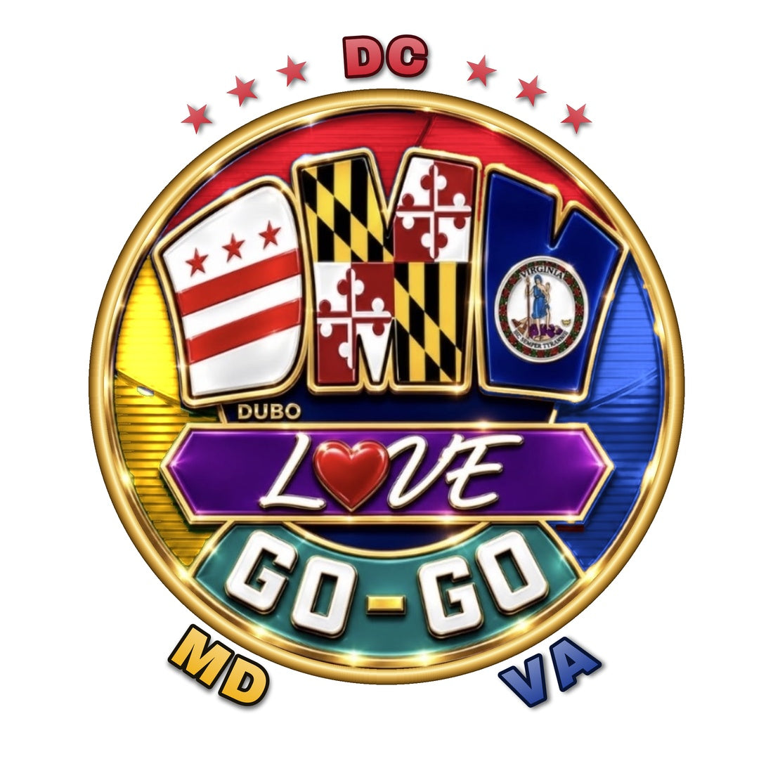 DMV Love Go-Go logo, DC MD VA abbreviations, Red and Blue