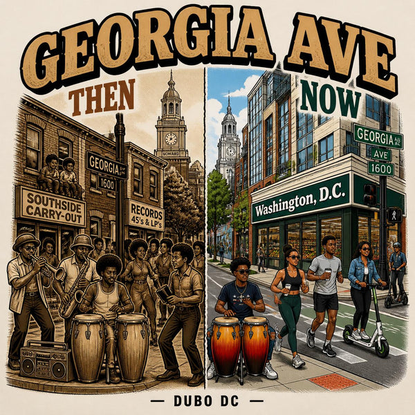 Georgia Ave Then and Now original artwork detail. Original artwork shown separately from the garment.