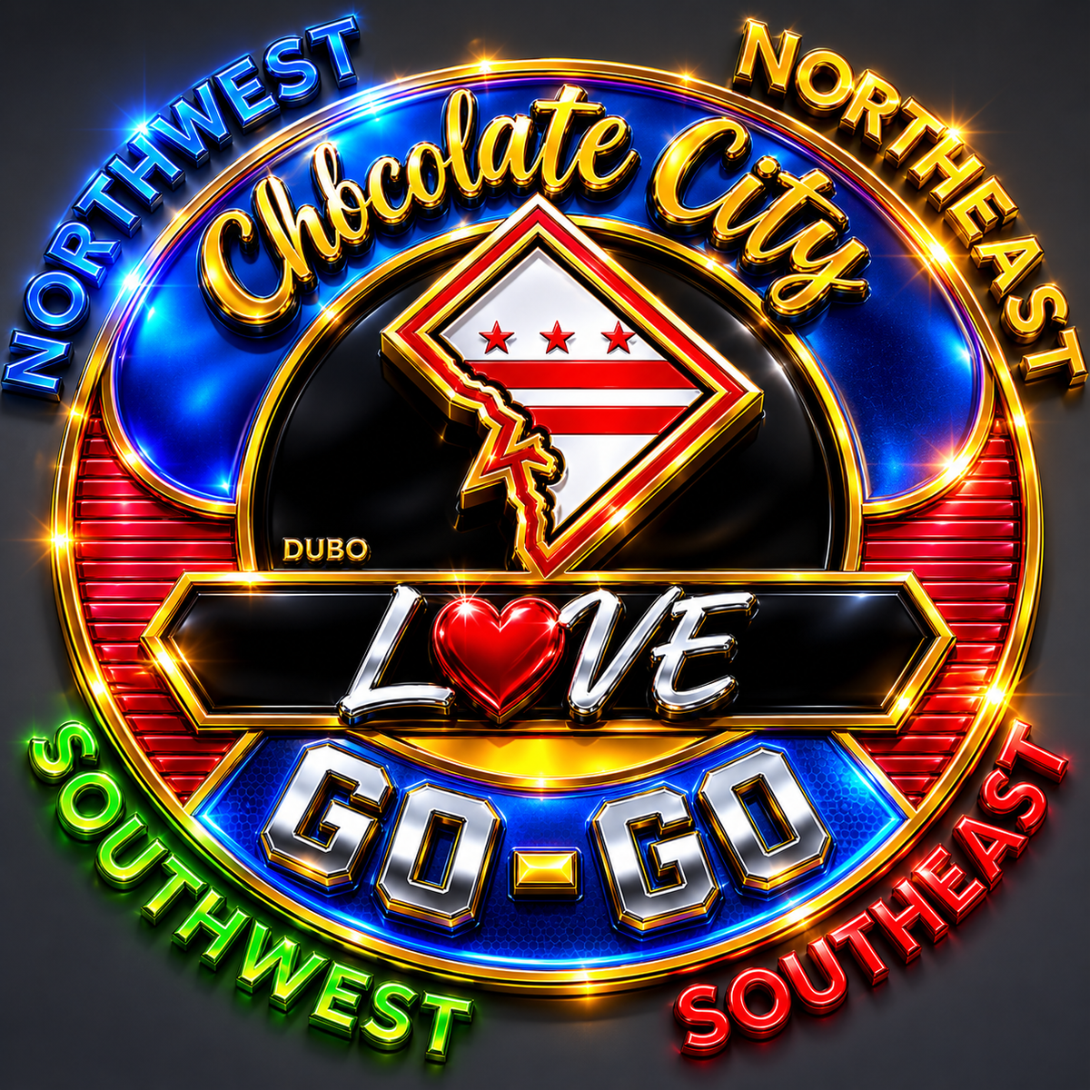 Chocolate City Love Go Go Blue and Red Quadrants artwork detail. Original artwork shown separately from the garment.