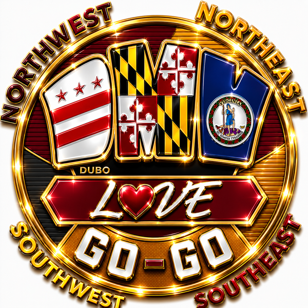 DMV Love Go-Go logo, full quadrant names, Burgundy and Gold