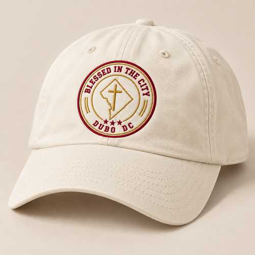 Blessed In The City Dad Hat product mockup with the DuBo artwork on the garment