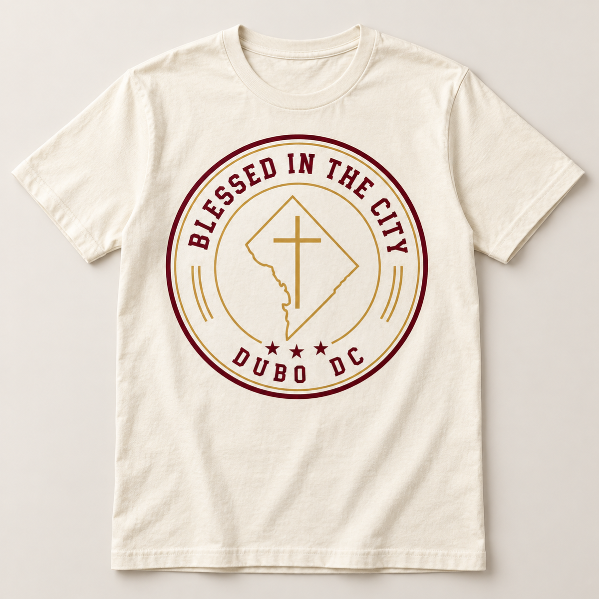 Blessed In The City Tee product mockup with the DuBo artwork on the garment