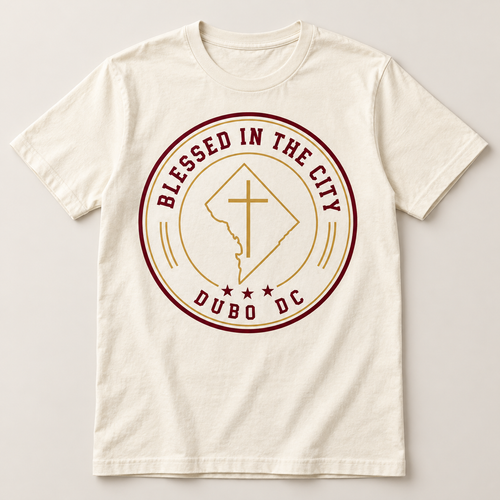 Blessed In The City Tee product mockup with the DuBo artwork on the garment