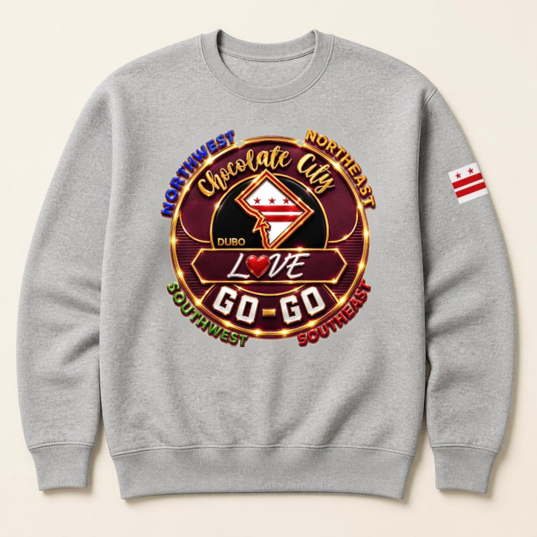 Chocolate City Love Go-Go Crewneck, Gray, Burgundy and Gold logo