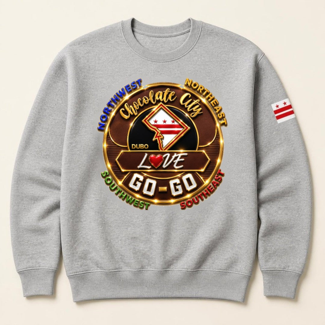 Chocolate City Love Go-Go Crewneck, Gray, Original Brown and Gold logo