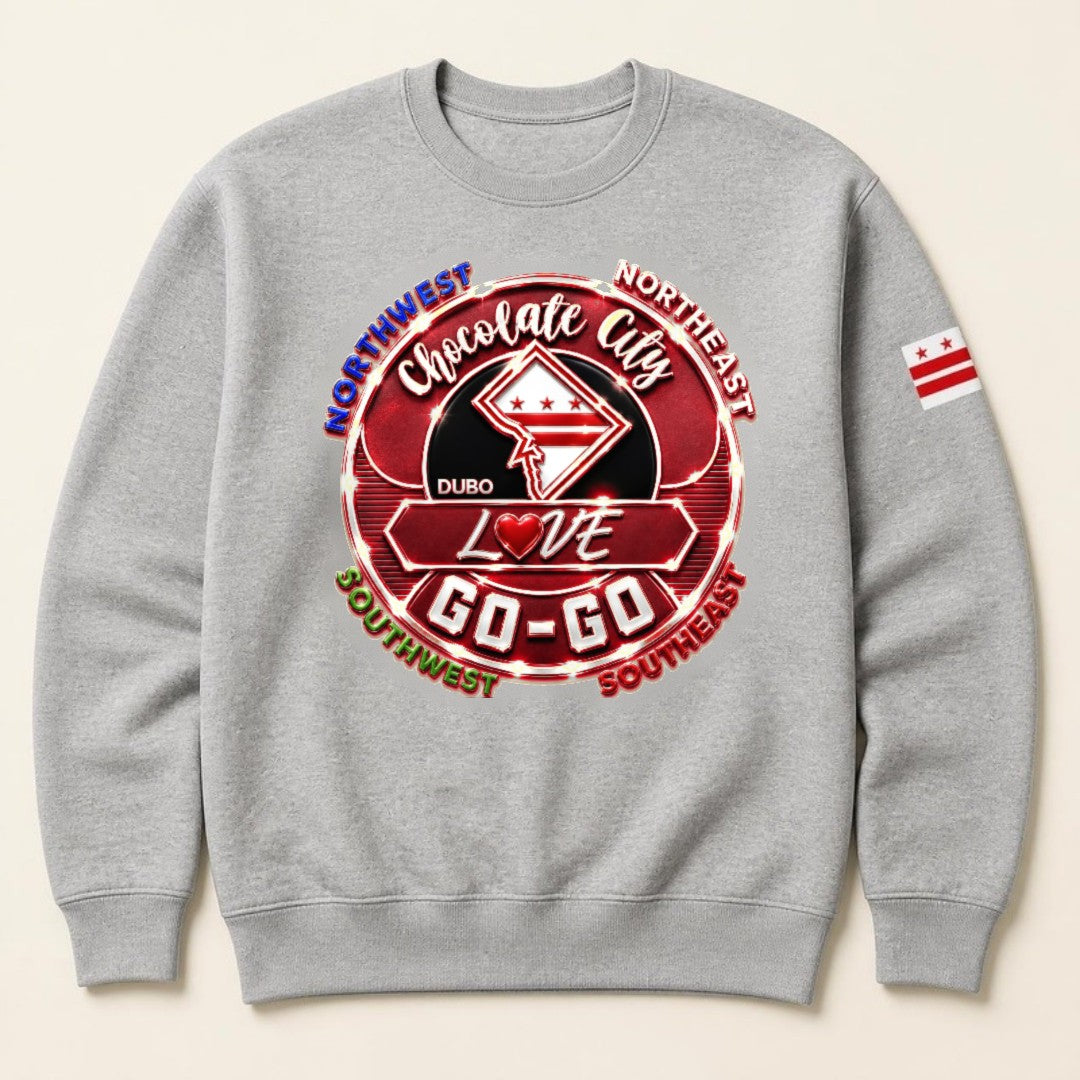 Chocolate City Love Go-Go Crewneck, Gray, Red and White logo