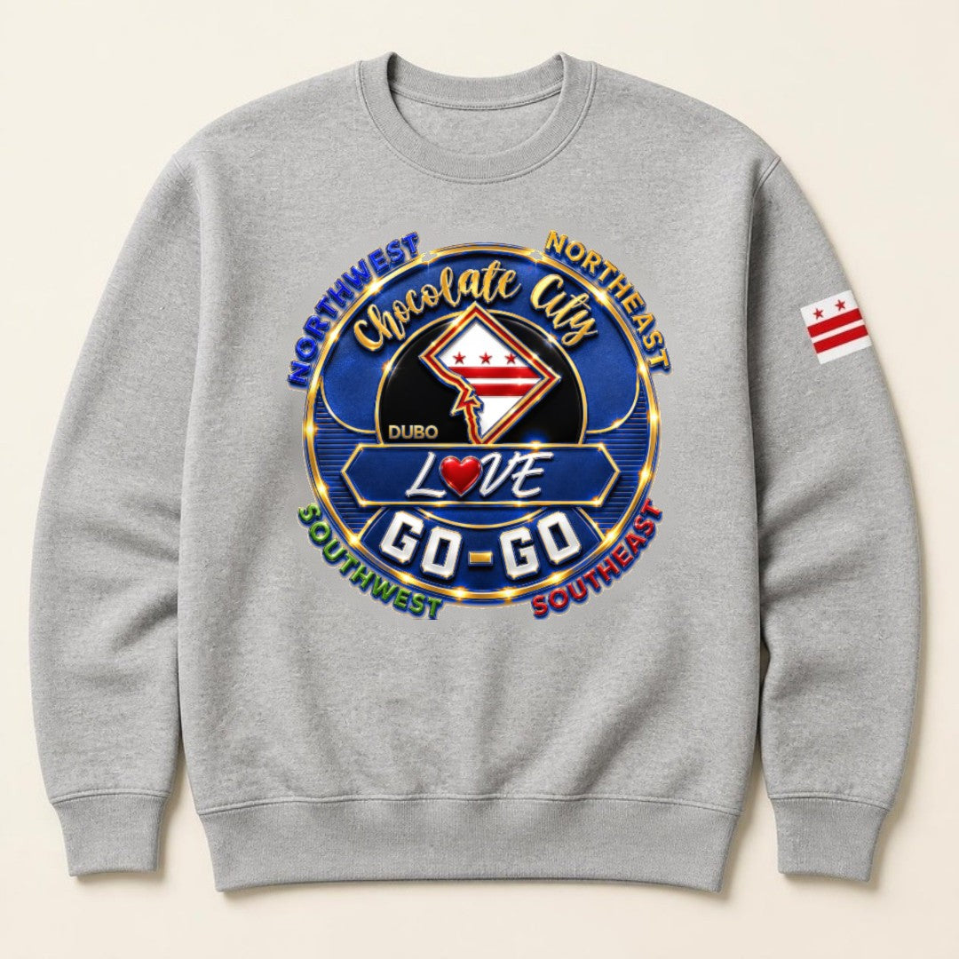 Chocolate City Love Go-Go Crewneck, Gray, Royal Blue and Gold logo