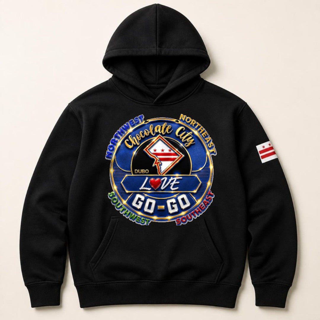 Chocolate City Love Go-Go Hoodie, Black, Royal Blue and Gold logo