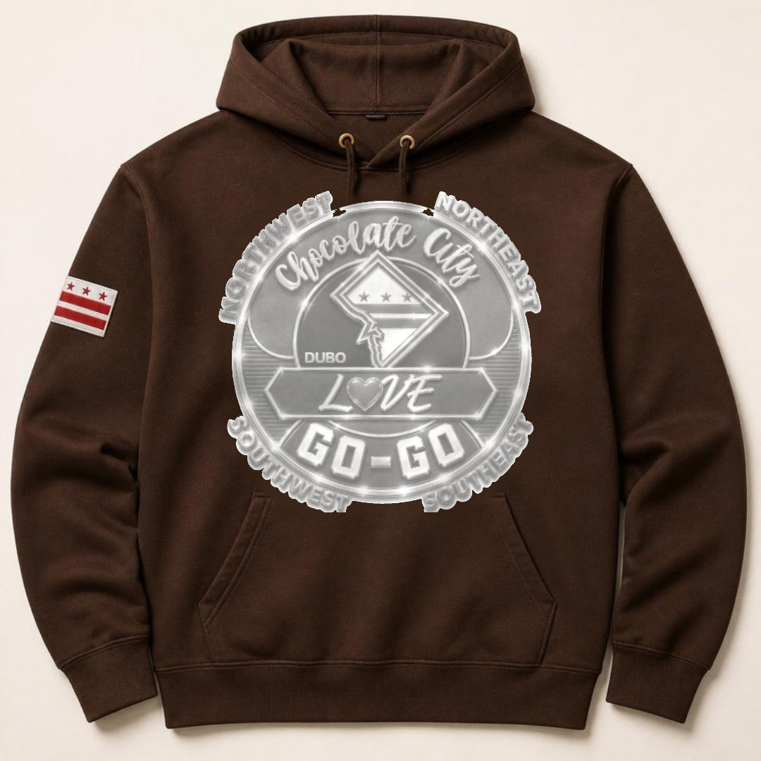 Chocolate City Love Go-Go Hoodie, Brown, All White logo
