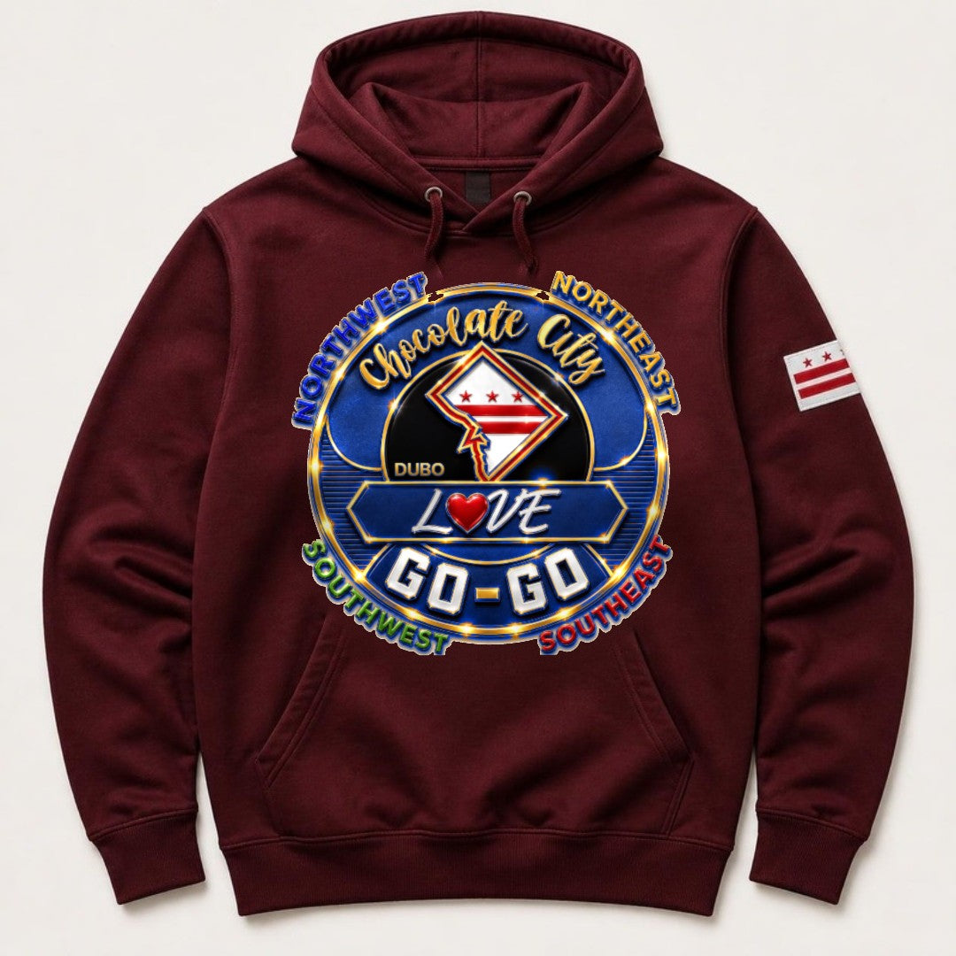 Chocolate City Love Go-Go Hoodie, Burgundy, Royal Blue and Gold logo