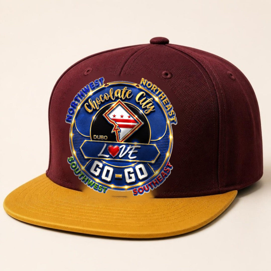 Chocolate City Love Go-Go Snapback, Burgundy, Royal Blue and Gold logo