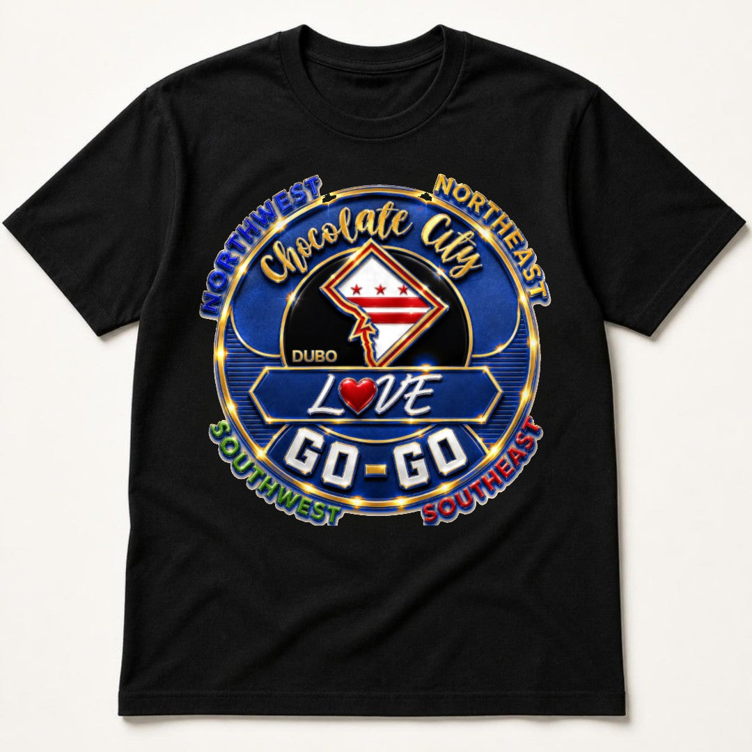 Chocolate City Love Go-Go Tee, Black, Royal Blue and Gold logo