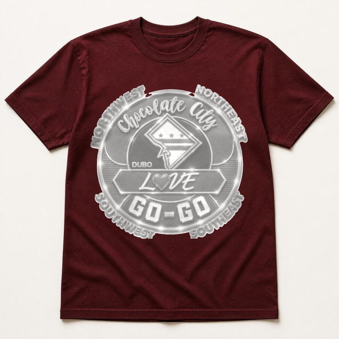 Chocolate City Love Go-Go Tee, Burgundy, All White logo