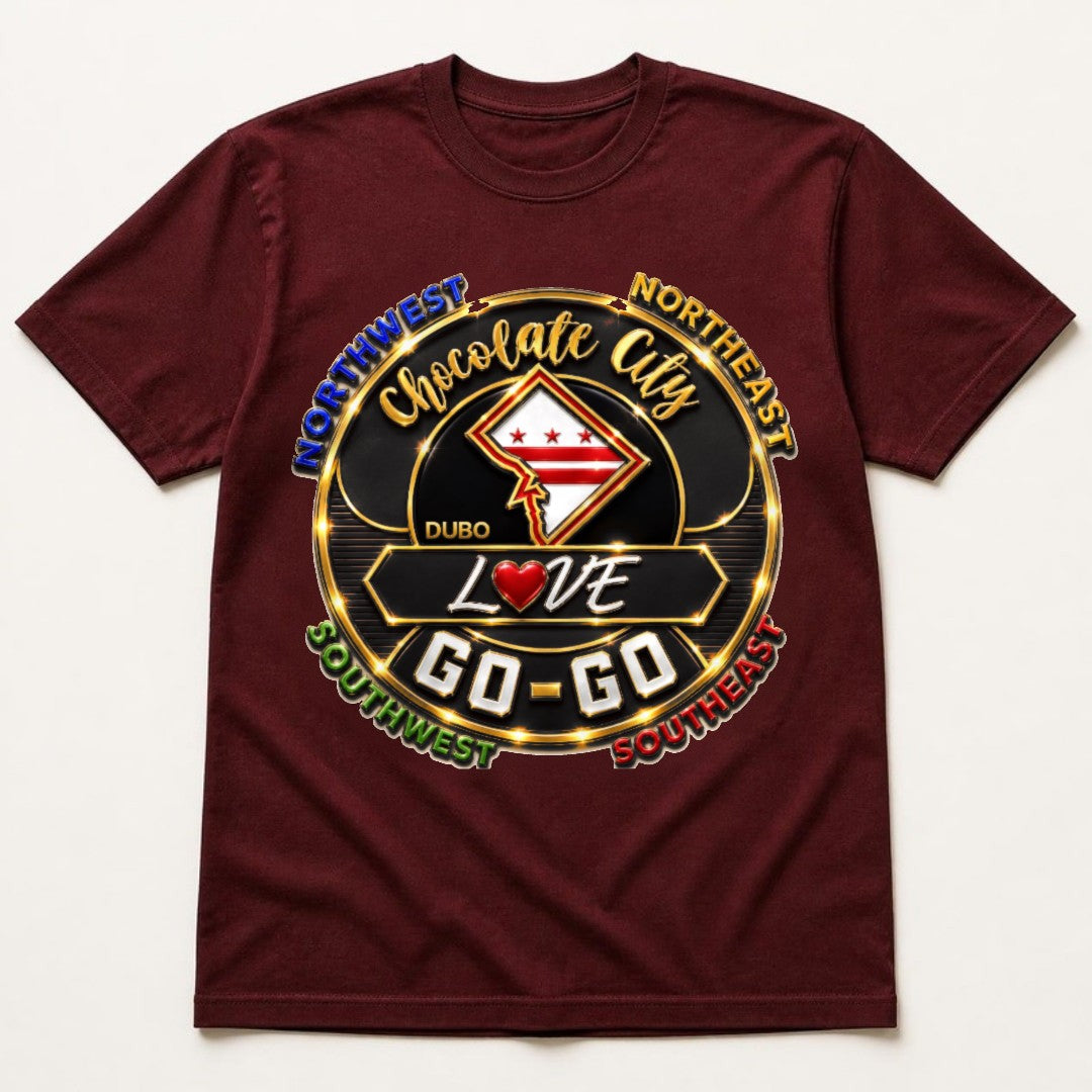 Chocolate City Love Go-Go Tee, Burgundy, Black and Gold logo