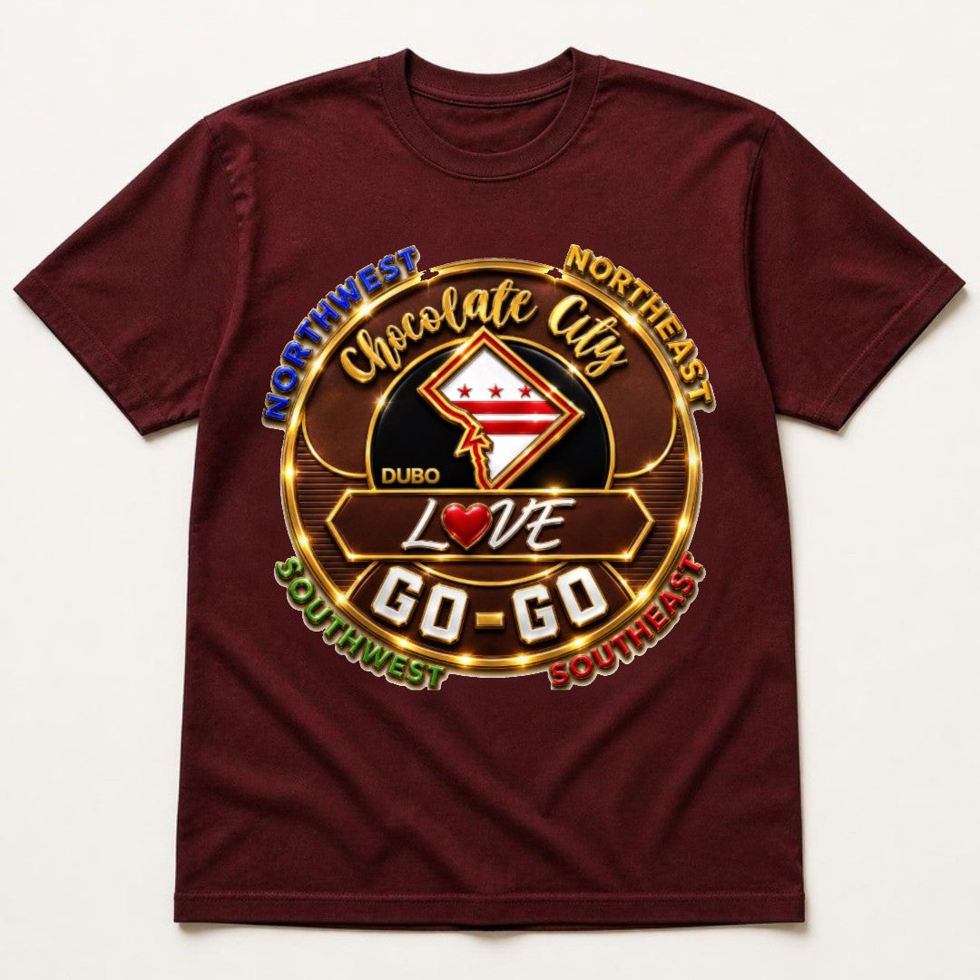 Chocolate City Love Go-Go Tee, Burgundy, Original Brown and Gold logo