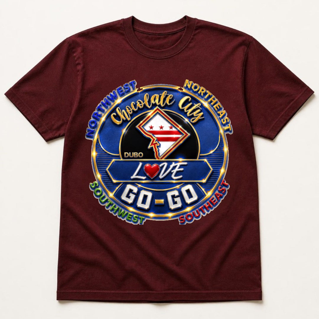 Chocolate City Love Go-Go Tee, Burgundy, Royal Blue and Gold logo