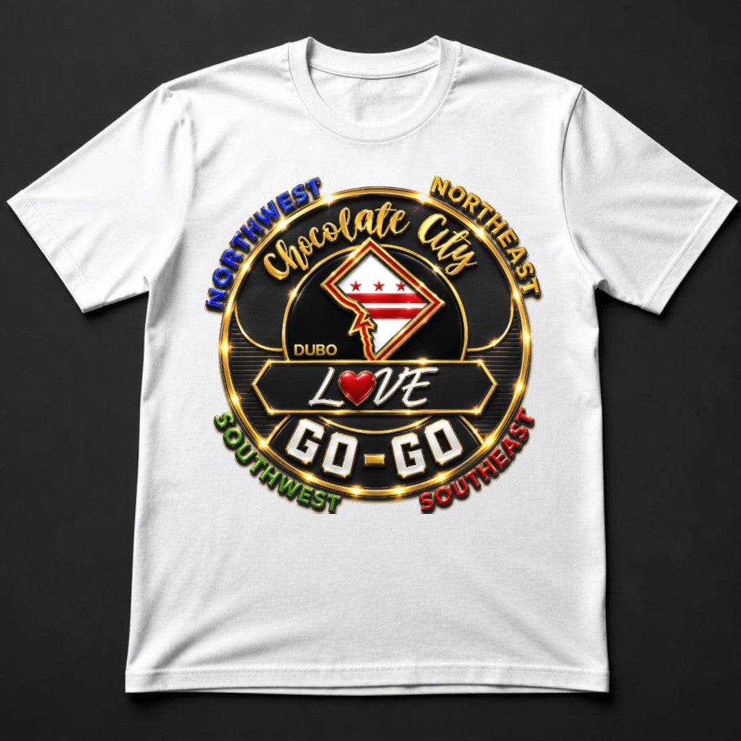 Chocolate City Love Go-Go Tee, White, Black and Gold logo