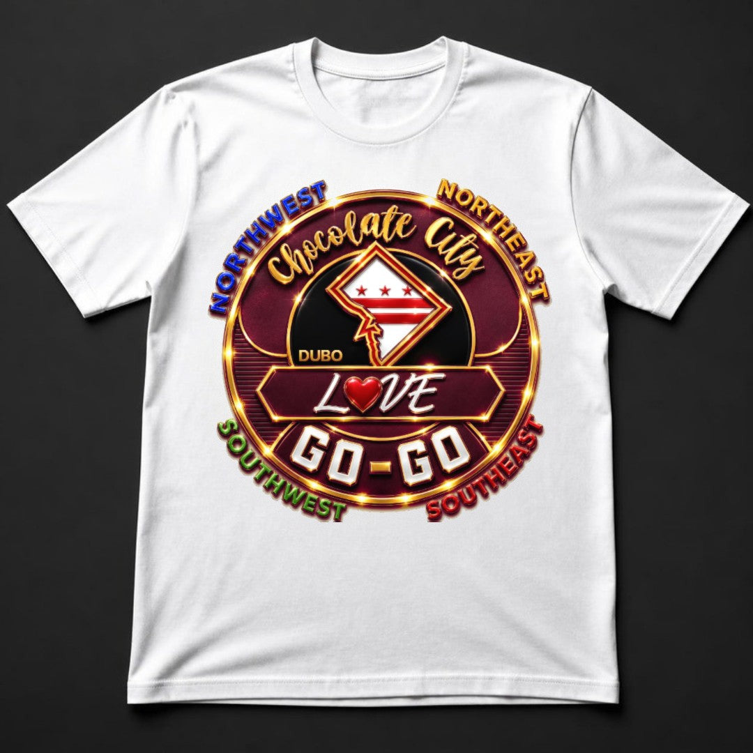 Chocolate City Love Go-Go Tee, White, Burgundy and Gold logo