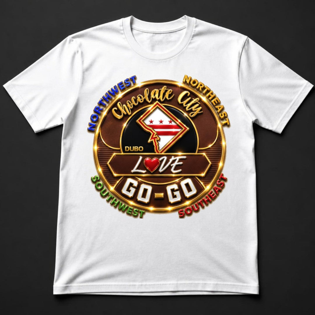 Chocolate City Love Go-Go Tee, White, Original Brown and Gold logo