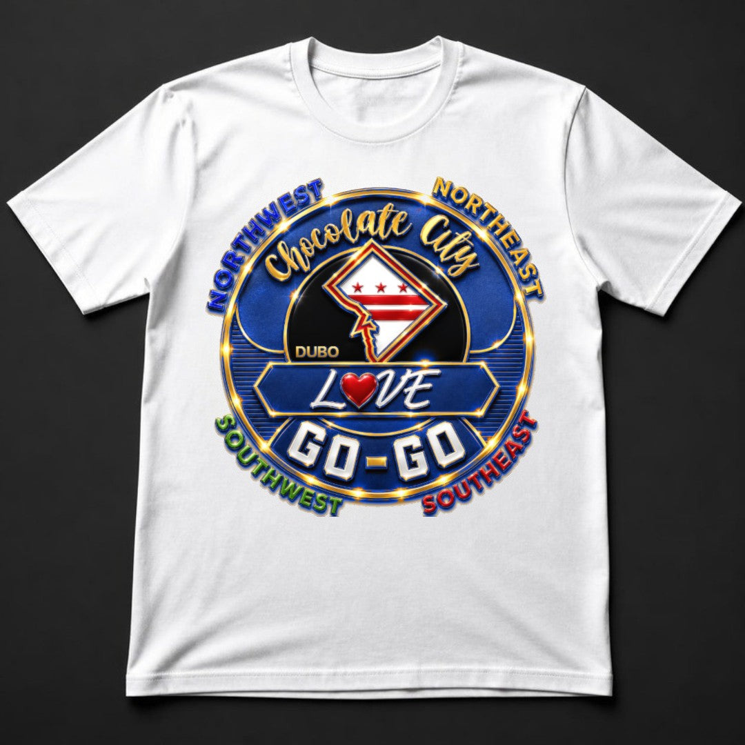 Chocolate City Love Go-Go Tee, White, Royal Blue and Gold logo
