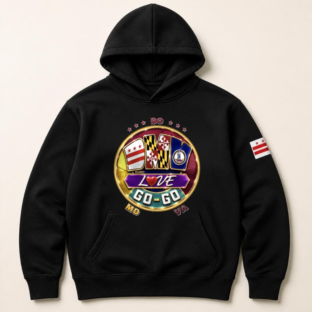 DMV Love Go-Go Hoodie, Black, Burgundy and Gold logo