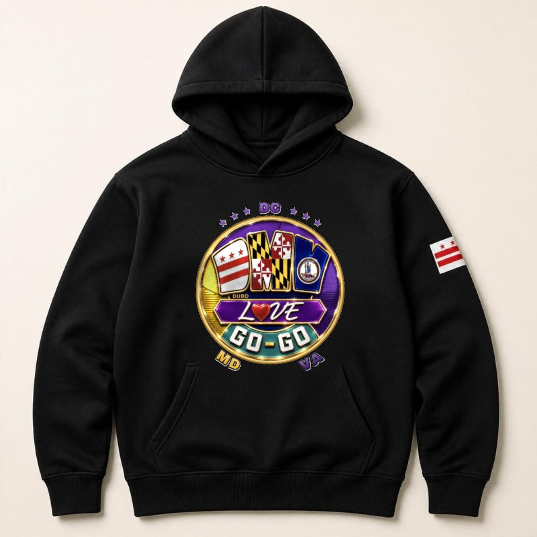 DMV Love Go-Go Hoodie, Black, Purple and Gold logo