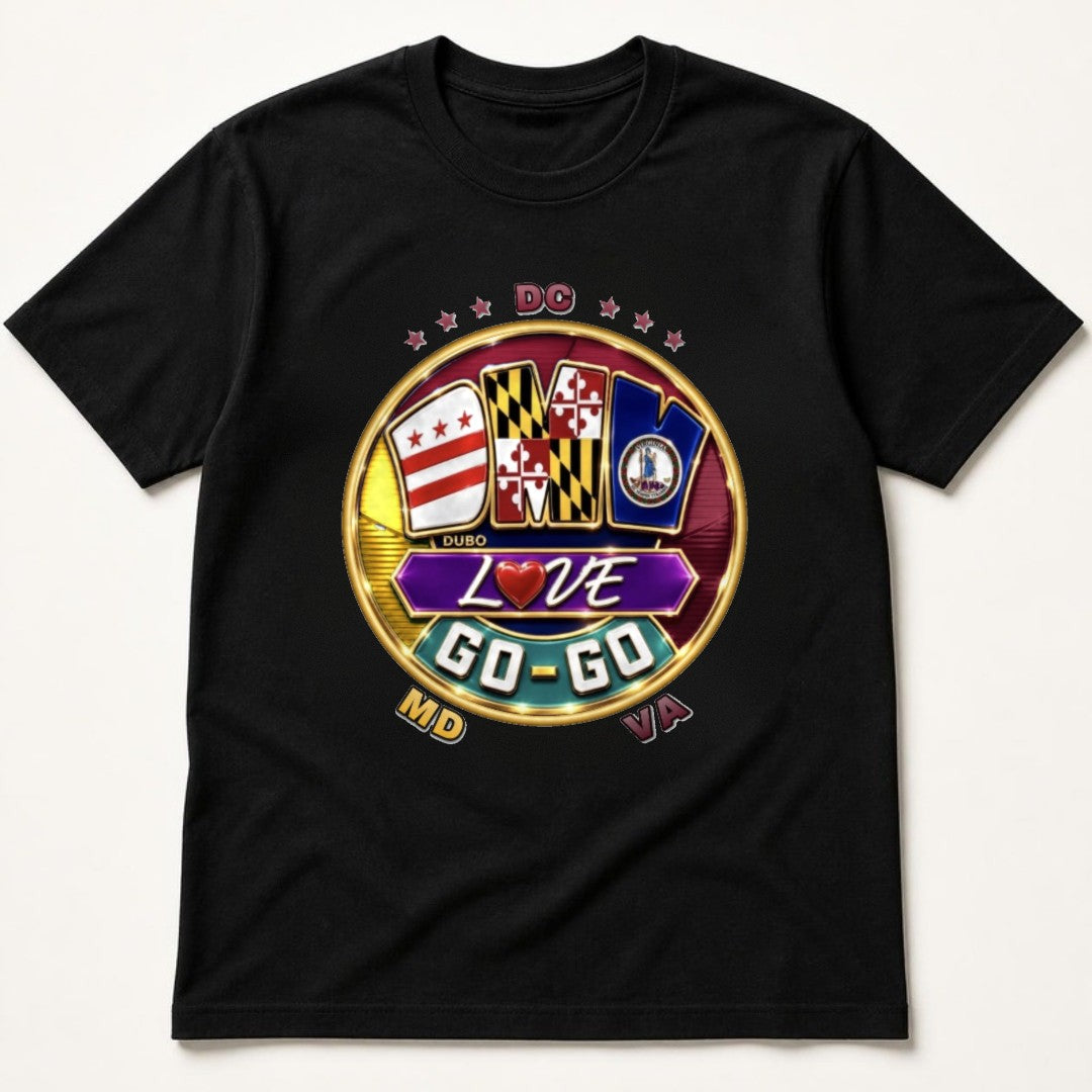 DMV Love Go-Go Tee, Black, Burgundy and Gold logo