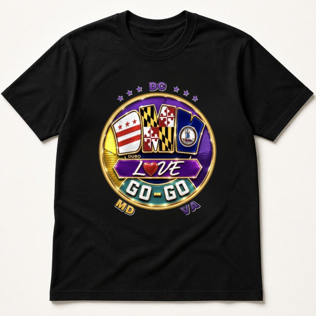 DMV Love Go-Go Tee, Black, Purple and Gold logo