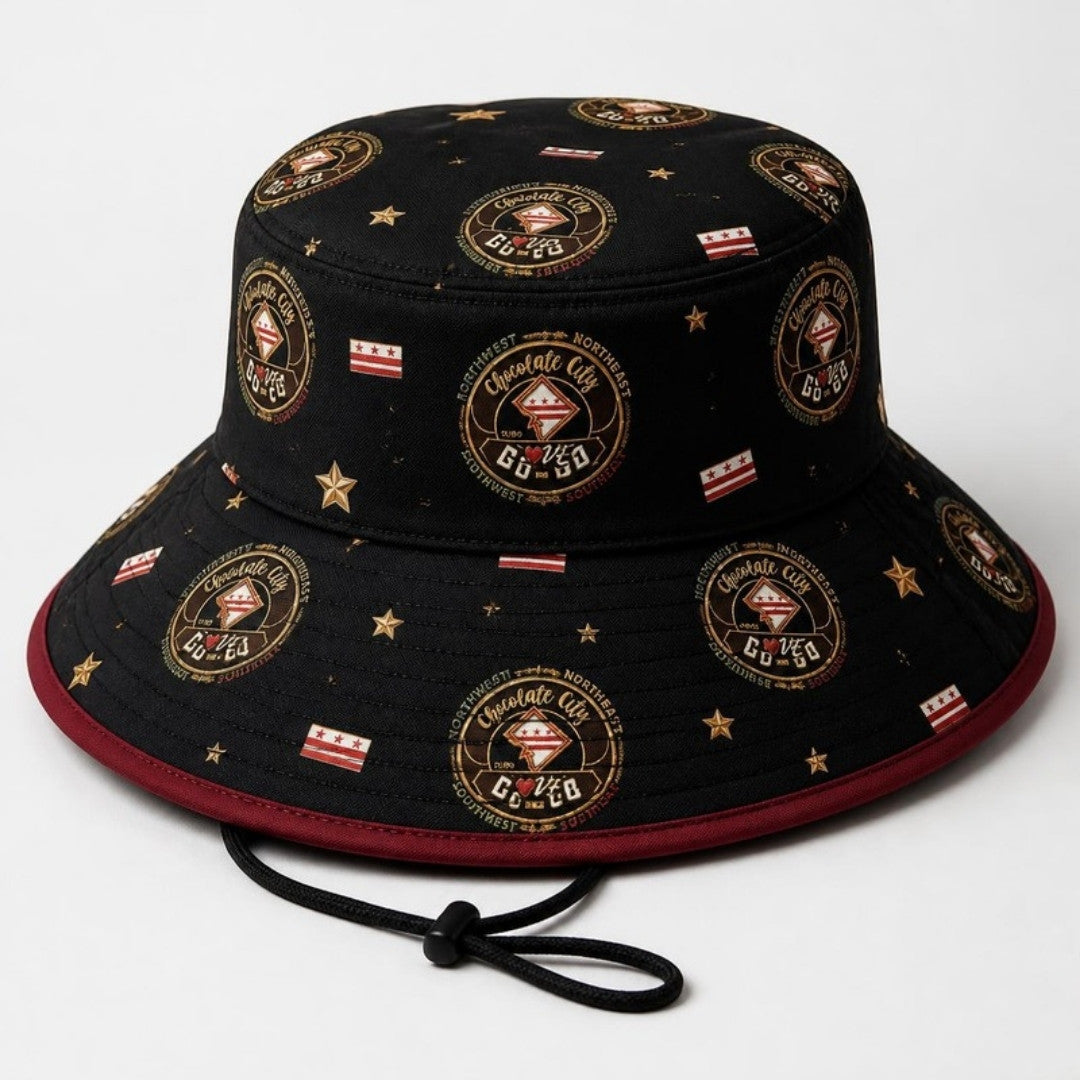 Chocolate City crest bucket hat in black with burgundy trim