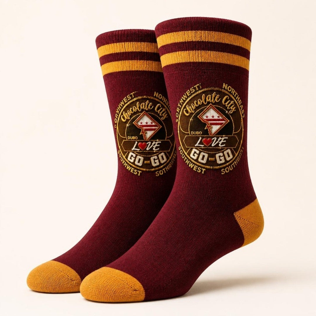 Chocolate City Love Go-Go crew socks in burgundy and gold