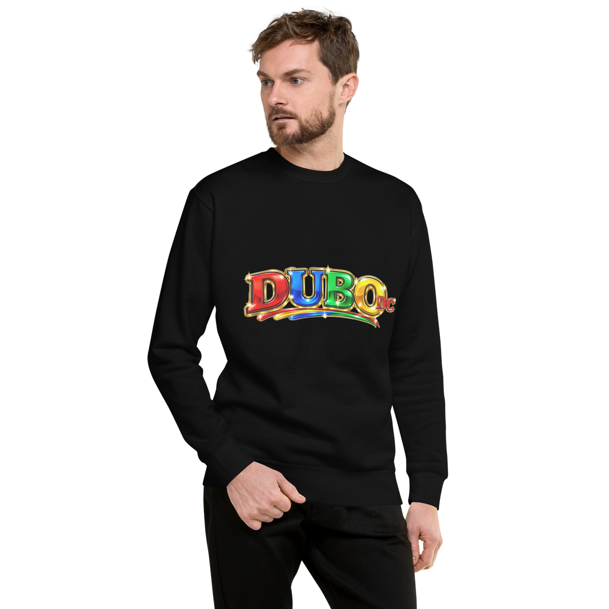 DUBO DC Wide black Cotton Heritage M2480 crewneck on male model — Printful mockup