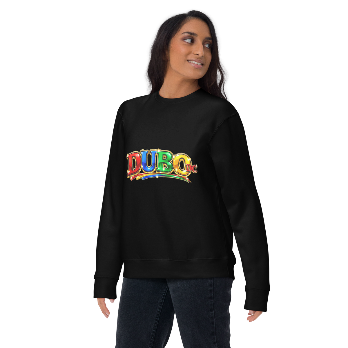 DUBO DC Wide black Cotton Heritage M2480 crewneck on female model — Printful mockup