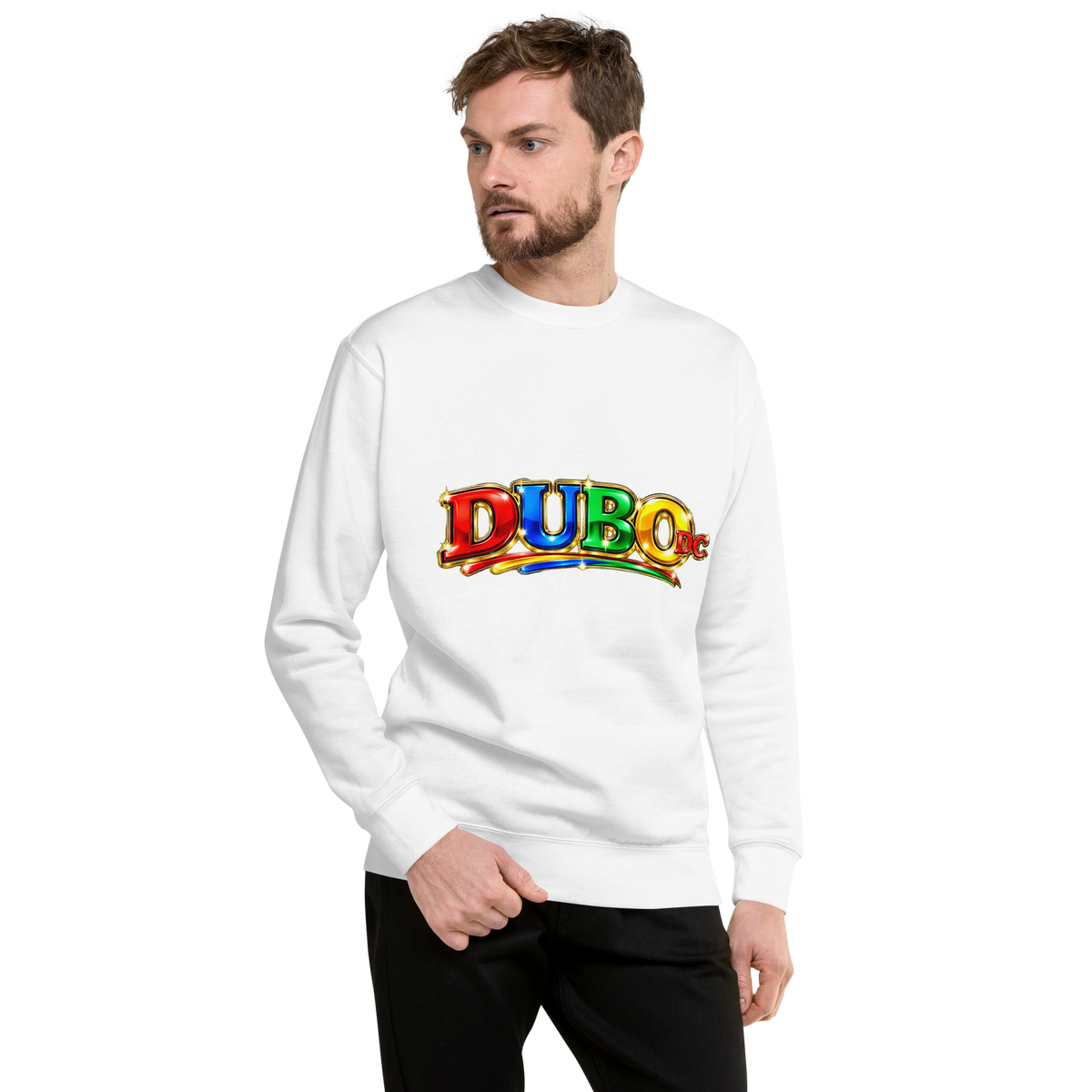 DUBO DC Wide white Cotton Heritage M2480 crewneck on male model — Printful mockup