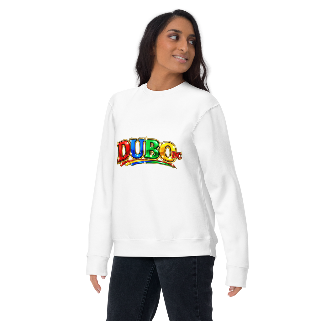DUBO DC Wide white Cotton Heritage M2480 crewneck on female model — Printful mockup