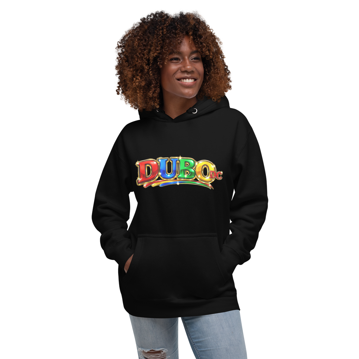 DUBO DC Wide black Cotton Heritage M2580 hoodie on female model — front Printful mockup