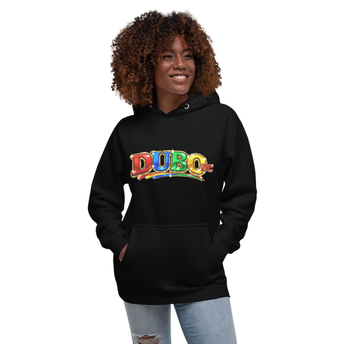 DUBO DC Wide black Cotton Heritage M2580 hoodie on female model — front Printful mockup