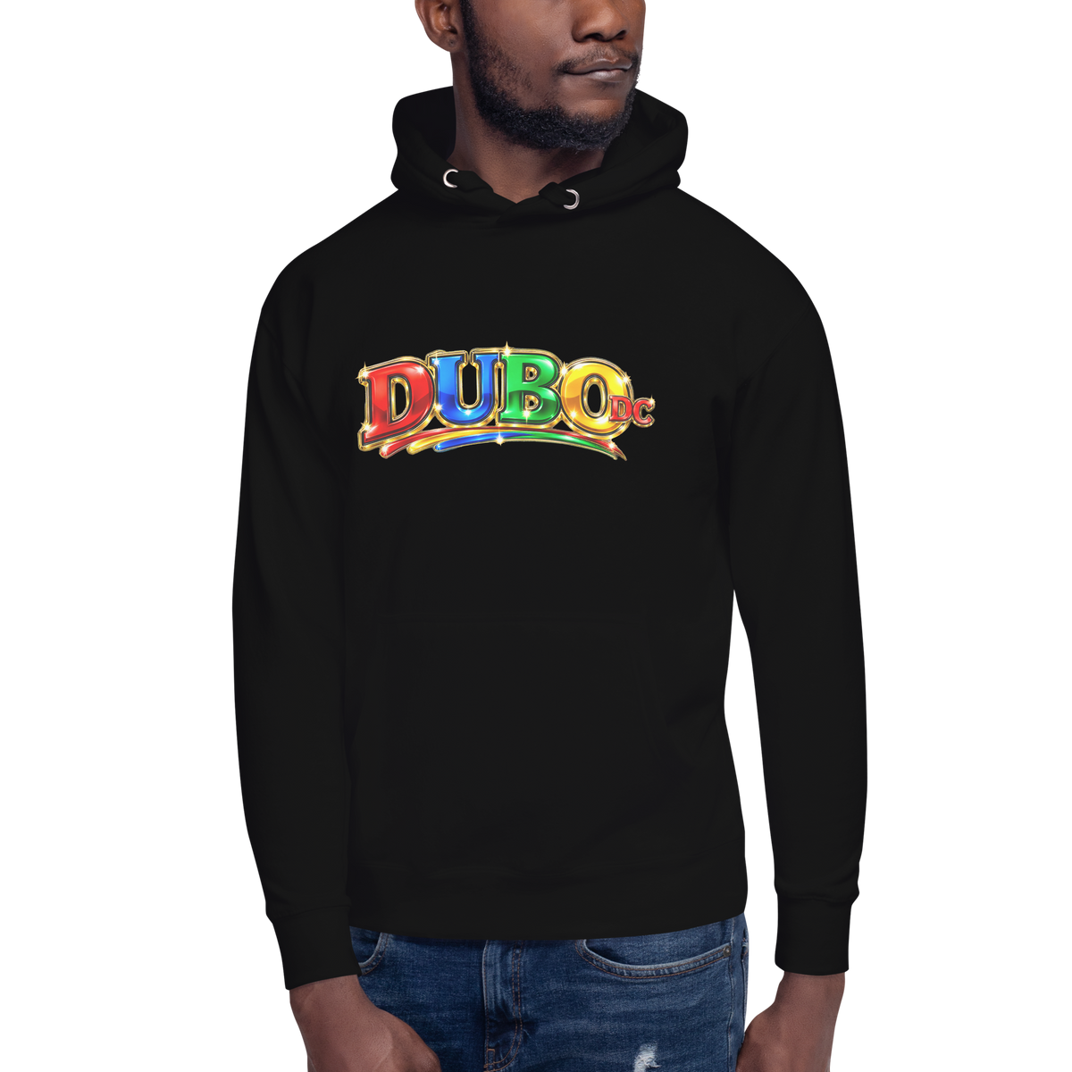 DUBO DC Wide black Cotton Heritage M2580 hoodie on male model — front Printful mockup