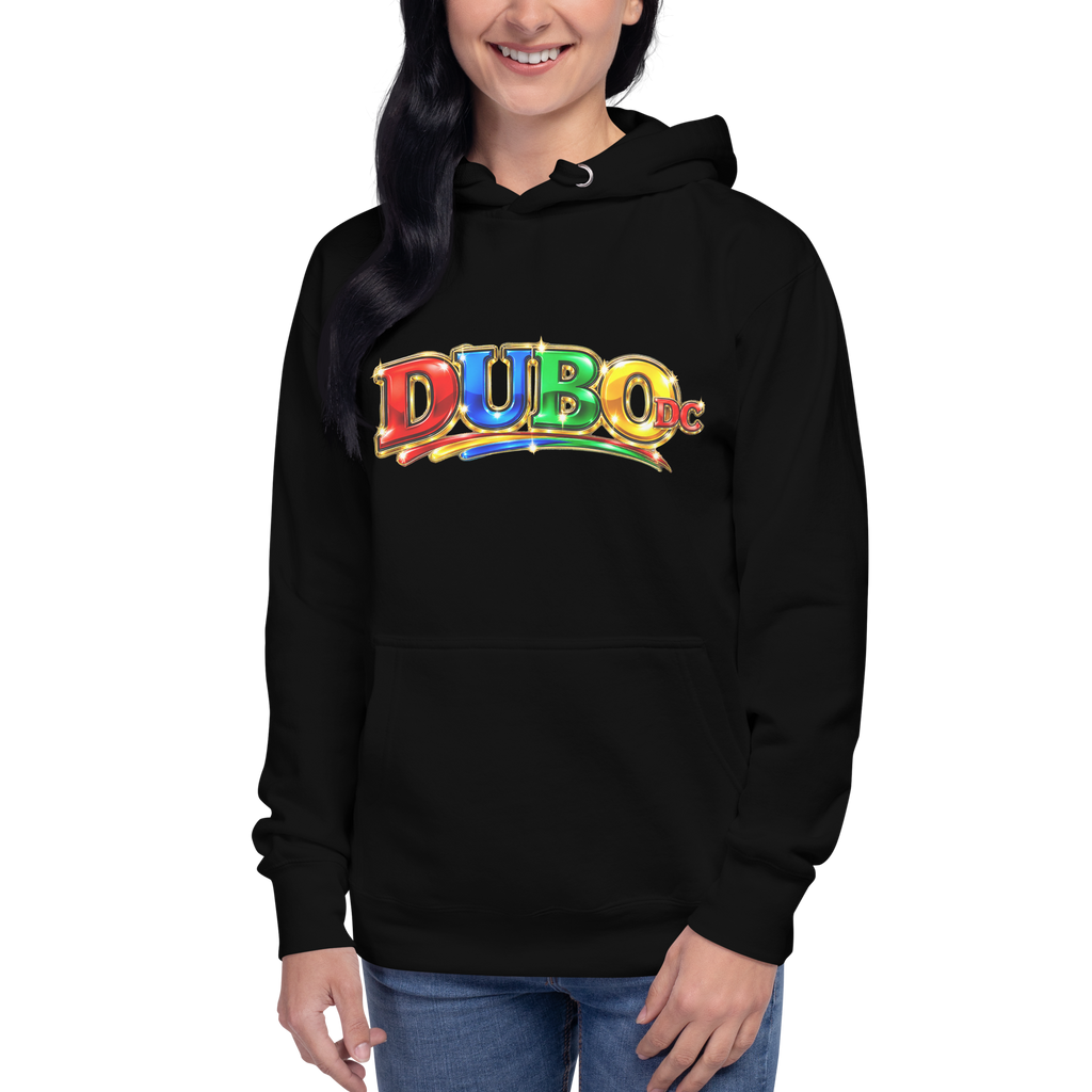 DUBO DC Wide black Cotton Heritage M2580 hoodie on female model — front Printful mockup