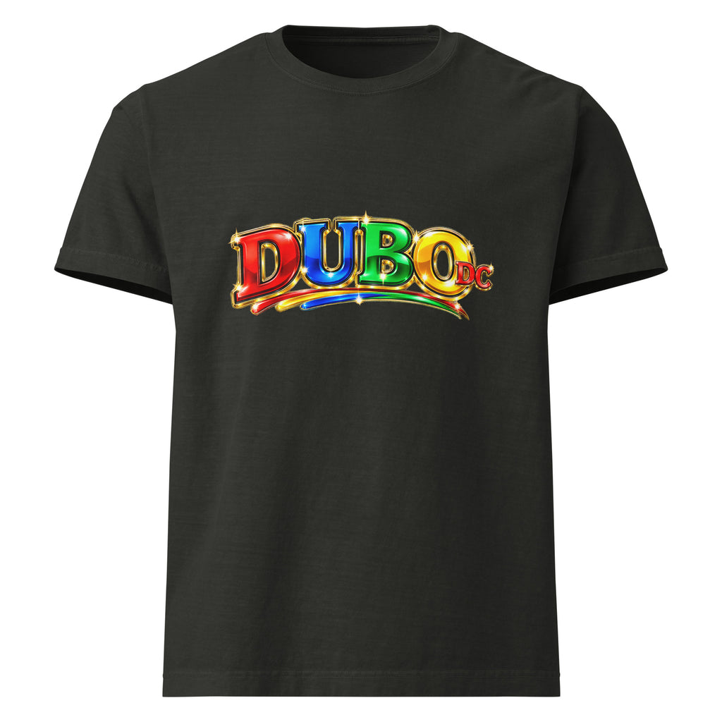 Wide colorful DUBO DC logo on a washed black oversized tee. Printful product mockup.