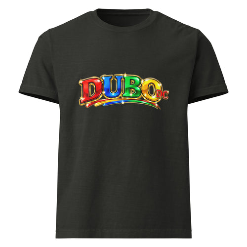 Wide colorful DUBO DC logo on a washed black oversized tee. Printful product mockup.
