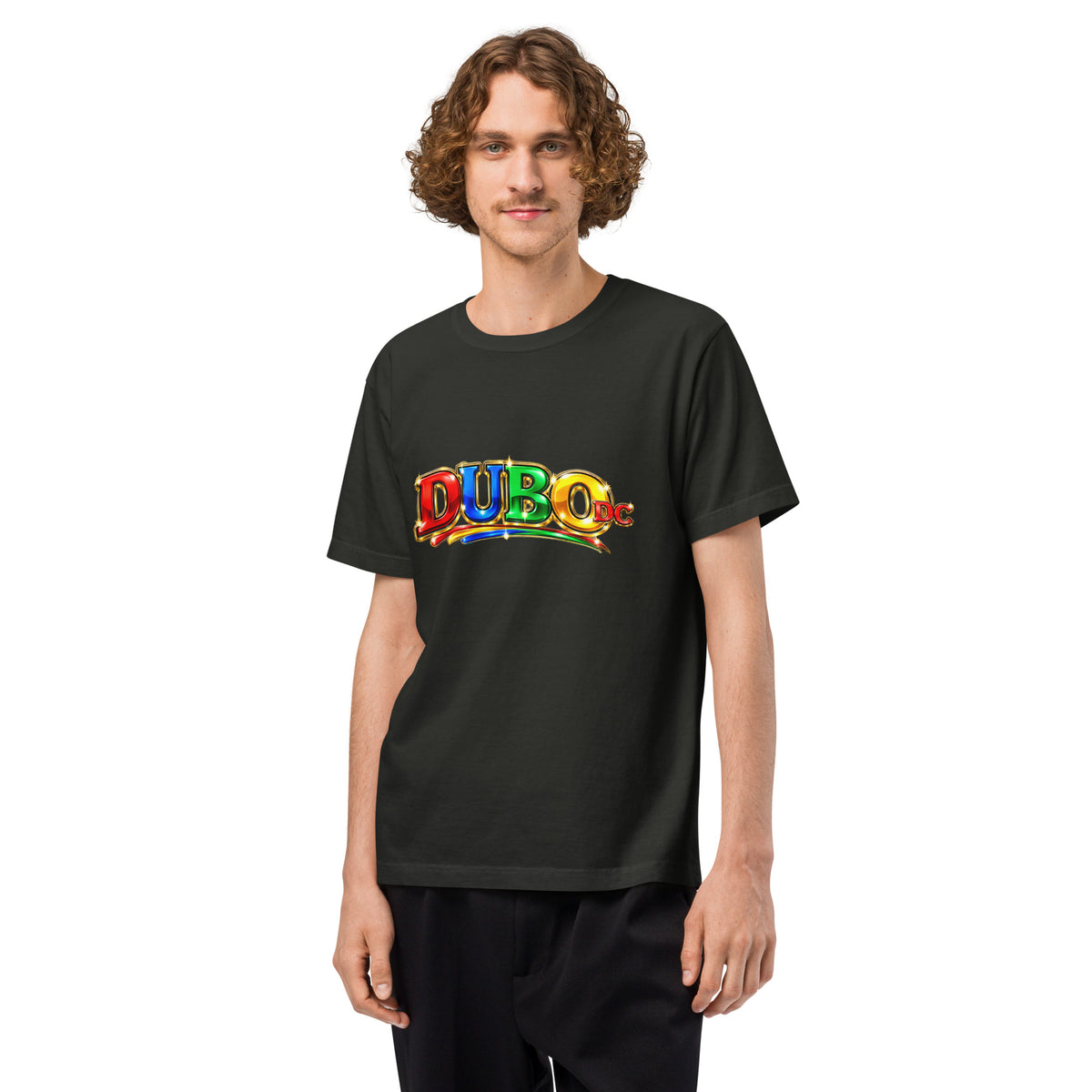 Wide colorful DUBO DC washed black oversized tee on a male model. Printful product mockup.