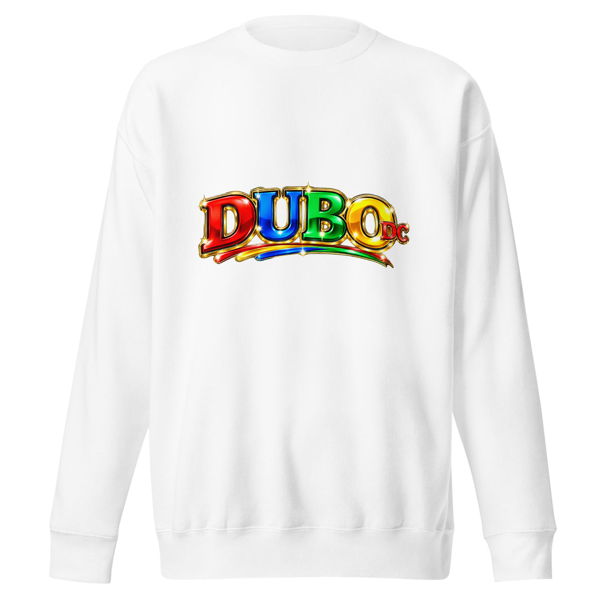 White Cotton Heritage premium crewneck with official colorful wide DUBO DC logo